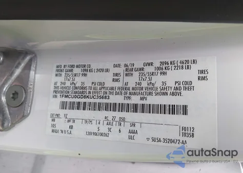 2019 Ford Escape Se z USA, uszkodzony, nr VIN 1FMCU0GD8KUC35683